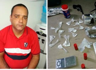Eduardo Noronha e as drogas apreendidas/Foto: SSP