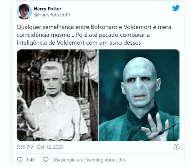 Você-sabe-quem voltou': Bolsonaro chega ao Brasil em aeronave Harry Potter  e é comparado, em memes, a Voldemort