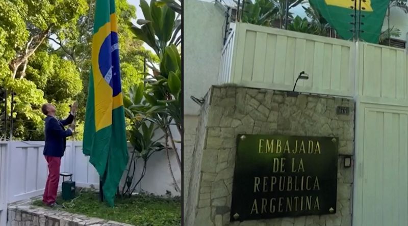 Bandeira do Brasil é erguida em residência oficial de Embaixada da Argentina em Caracas